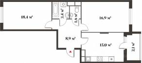 ЖК Миниполис «Восемь кленов», планировка 2-комнатной квартиры, 64.10 м²