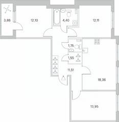 МЖК «Любоград», планировка 3-комнатной квартиры, 77.66 м²