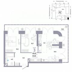 ЖК «Страна.Озерная», планировка 3-комнатной квартиры, 68.60 м²