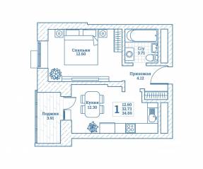 ЖК «Новоград Монино», планировка 1-комнатной квартиры, 35.20 м²