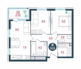 ЖК «Русич Кантемировский», планировка 1-комнатной квартиры, 51.00 м²