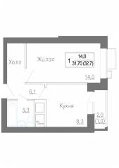 МЖК «Новое Замитино», планировка 1-комнатной квартиры, 33.50 м²