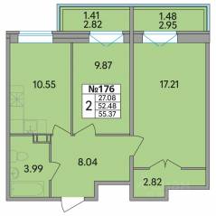 ЖК «Рождественский квартал», планировка 2-комнатной квартиры, 55.37 м²