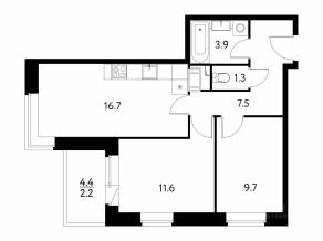 ЖК «Солнечный парк», планировка 2-комнатной квартиры, 54.30 м²