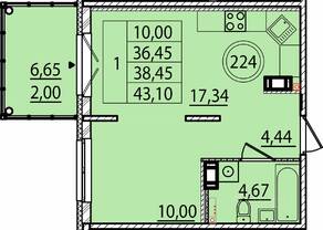 МЖК «Образцовый квартал 15», планировка 1-комнатной квартиры, 36.45 м²