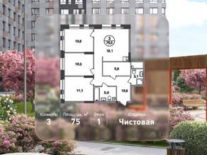 ЖК «Первый Московский», планировка 3-комнатной квартиры, 75.00 м²