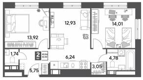 ЖК Арт-квартал «Публицист», планировка 2-комнатной квартиры, 62.42 м²