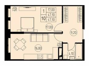 ЖК «31 квартал», планировка 1-комнатной квартиры, 47.10 м²