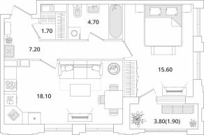 ЖК «Тайм Сквер», планировка 1-комнатной квартиры, 49.30 м²