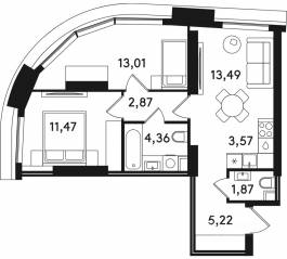 ЖК «Solos», планировка 2-комнатной квартиры, 56.02 м²