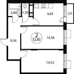 ЖК «Катуар», планировка 2-комнатной квартиры, 52.80 м²