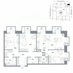 ЖК «Страна.Озерная», планировка 4-комнатной квартиры, 90.20 м²