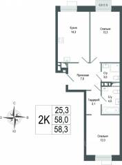 ЖК «Киноквартал», планировка 2-комнатной квартиры, 58.00 м²