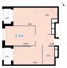 ЖК «Self», планировка 2-комнатной квартиры, 60.70 м²