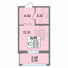 ЖК «Рождественский квартал», планировка студии, 22.73 м²