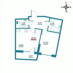 ЖК «Левитан», планировка 1-комнатной квартиры, 39.47 м²
