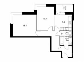 ЖК «Солнечный парк», планировка 2-комнатной квартиры, 61.50 м²