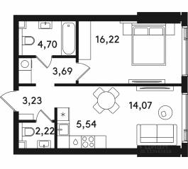 ЖК «Solos», планировка 1-комнатной квартиры, 49.67 м²