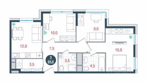 ЖК «Русич Кантемировский», планировка 2-комнатной квартиры, 65.00 м²