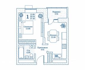 ЖК «Новоград Монино», планировка 1-комнатной квартиры, 37.50 м²