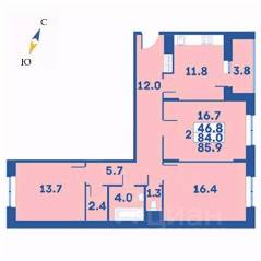 ЖК «Эдельвейс» (ЦентрСтрой), планировка 3-комнатной квартиры, 85.90 м²