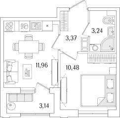 ЖК «Гранат», планировка 1-комнатной квартиры, 30.62 м²