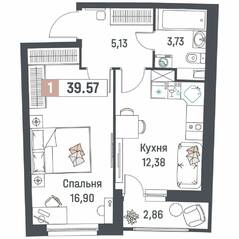 ЖК «Авиатор» (Девяткино), планировка 1-комнатной квартиры, 39.57 м²