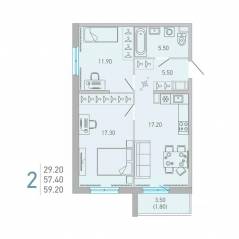 ЖК «Lovo», планировка 2-комнатной квартиры, 59.20 м²