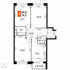 МФК «Датский квартал», планировка 3-комнатной квартиры, 74.30 м²
