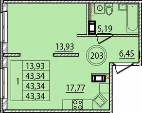 МЖК «Образцовый квартал 15», планировка 1-комнатной квартиры, 43.34 м²