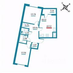 ЖК «Левитан», планировка 2-комнатной квартиры, 65.52 м²
