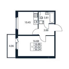 ЖК «Полис ЛАВрики», планировка 1-комнатной квартиры, 35.72 м²