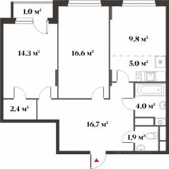 ЖК Миниполис «Восемь кленов», планировка 3-комнатной квартиры, 70.70 м²
