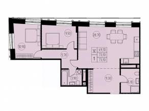 ЖК «7 небо», планировка 3-комнатной квартиры, 73.10 м²