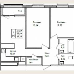 ЖК «Этала», планировка 2-комнатной квартиры, 57.33 м²