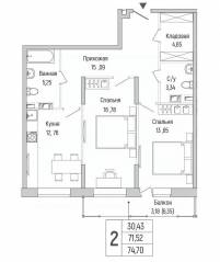 ЖК «Riga Hills», планировка 2-комнатной квартиры, 74.70 м²
