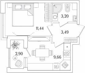 ЖК «Гранат», планировка 1-комнатной квартиры, 29.24 м²