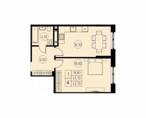 ЖК «7 небо», планировка 1-комнатной квартиры, 45.70 м²