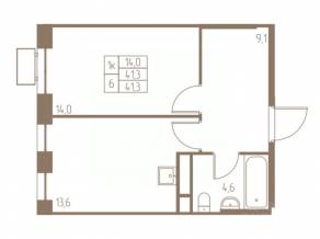 ЖК «Фабрикант», планировка 1-комнатной квартиры, 41.30 м²