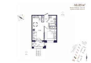 ЖК «Ranta Residence», планировка 1-комнатной квартиры, 40.89 м²