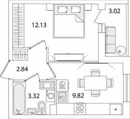 ЖК «Кинопарк», планировка 1-комнатной квартиры, 29.62 м²