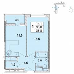 ЖК «Центр-2», планировка 1-комнатной квартиры, 36.40 м²