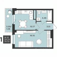 МЖК «Новокасимово», планировка 1-комнатной квартиры, 35.32 м²