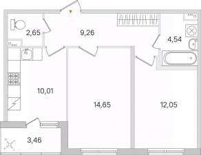 ЖК «Ясно. Янино», планировка 2-комнатной квартиры, 54.89 м²