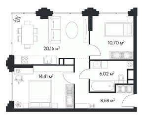 ЖК «1-й Нагатинский», планировка 2-комнатной квартиры, 59.83 м²