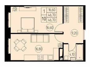 ЖК «31 квартал», планировка 1-комнатной квартиры, 46.70 м²