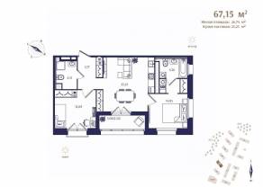 ЖК «Ranta Residence», планировка 2-комнатной квартиры, 67.15 м²
