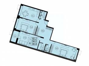 ЖК «River Park», планировка 3-комнатной квартиры, 94.00 м²