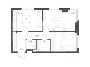 ЖК «Пригород Лесное», планировка 2-комнатной квартиры, 53.81 м²
