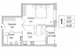 ЖК «Riga Hills», планировка 1-комнатной квартиры, 44.28 м²